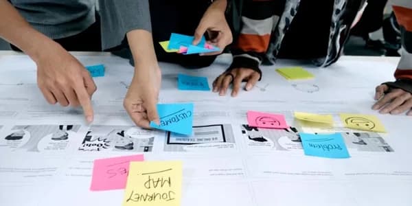 A team mapping a customer journey with sticky notes during a planning session