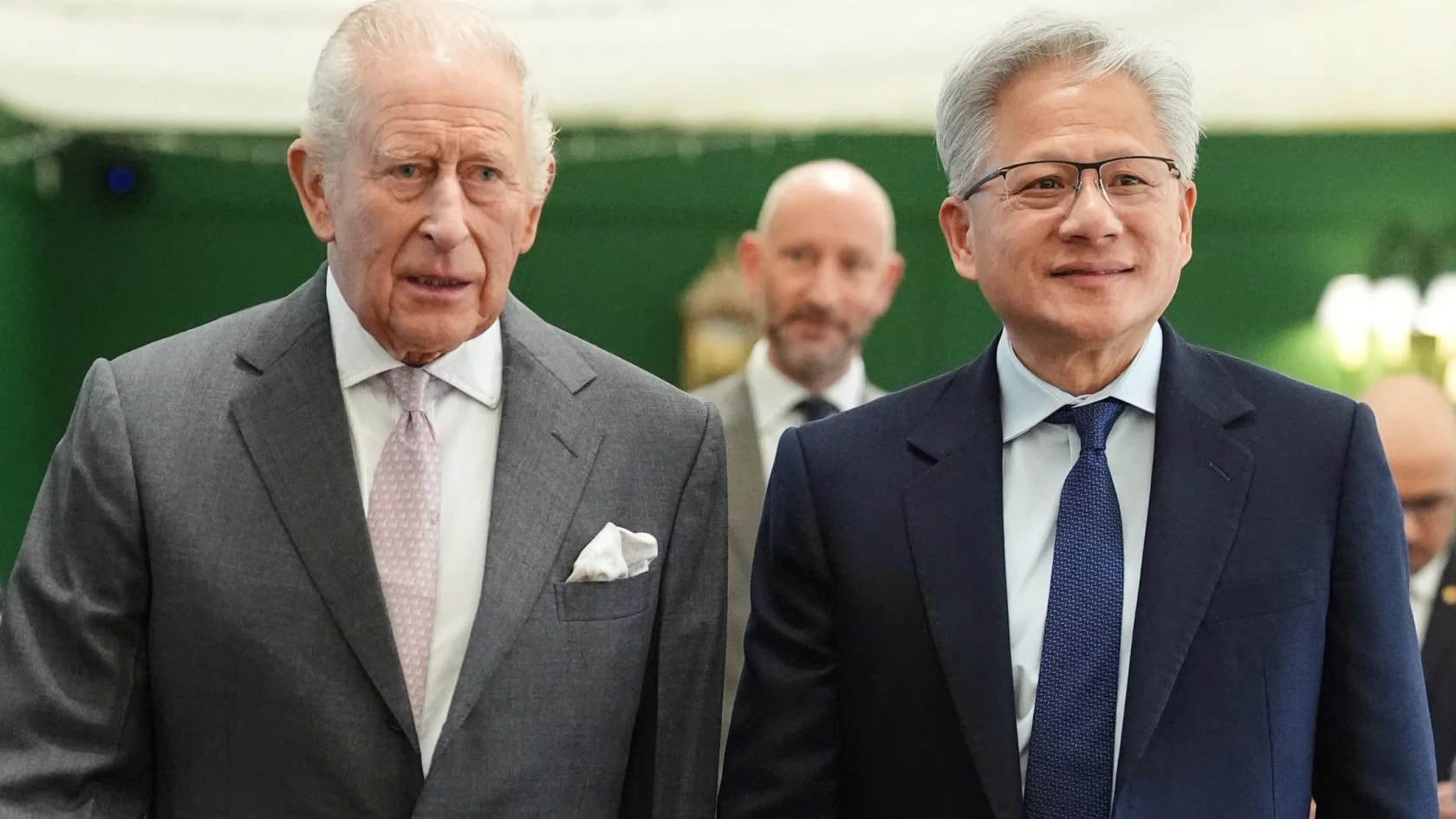 King Charles III walking with Nvidia CEO Jensen Huang at Dumfries House in Cumnock, Scotland
