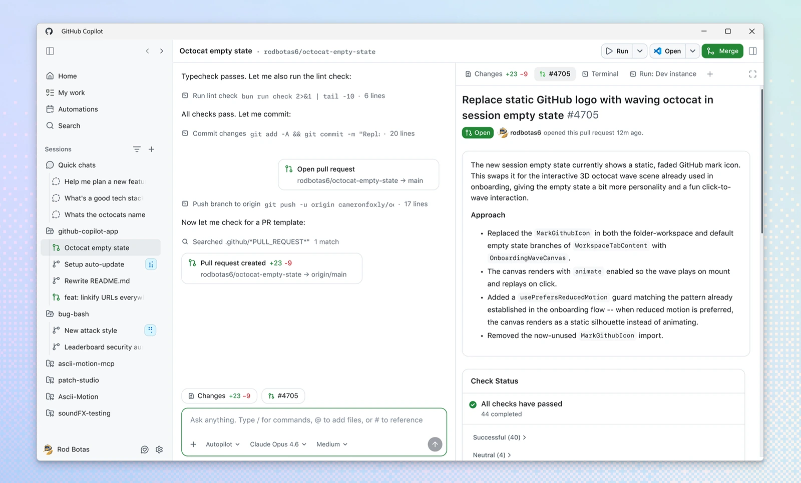 GitHub Copilot app showing pull request workflow with code changes, PR details, and status checks