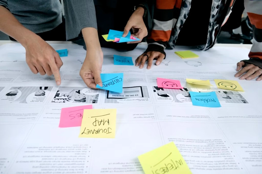 Team workshop planning a customer journey map with sticky notes, representing structured AI adoption planning