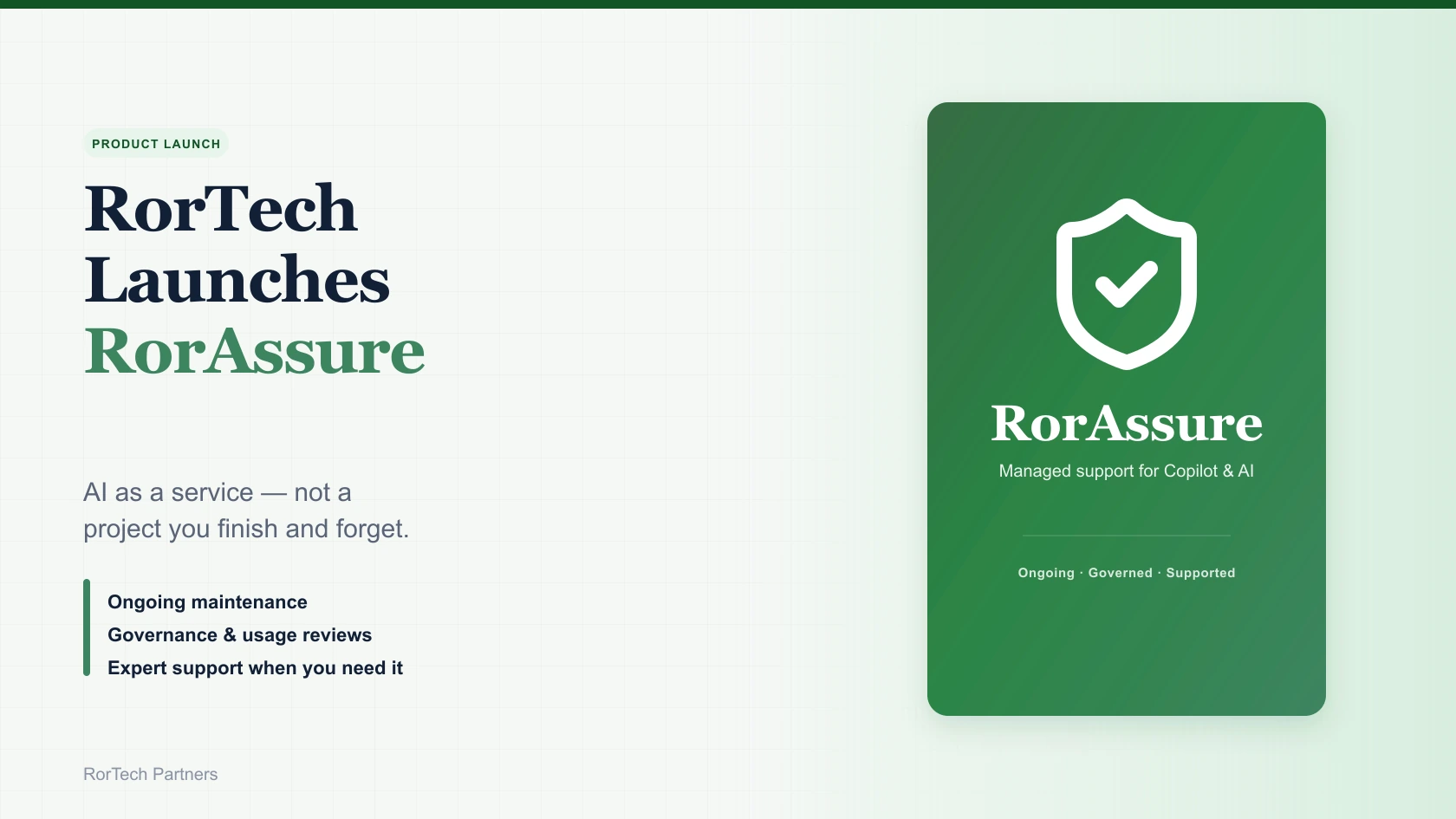 RorTech Launches RorAssure: editorial headline with green RorAssure card and shield icon