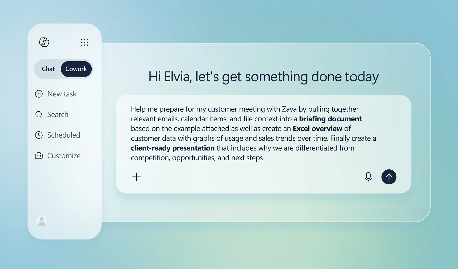 Copilot Cowork with a multi-step task prompt to prepare a customer briefing, Excel overview, and client presentation