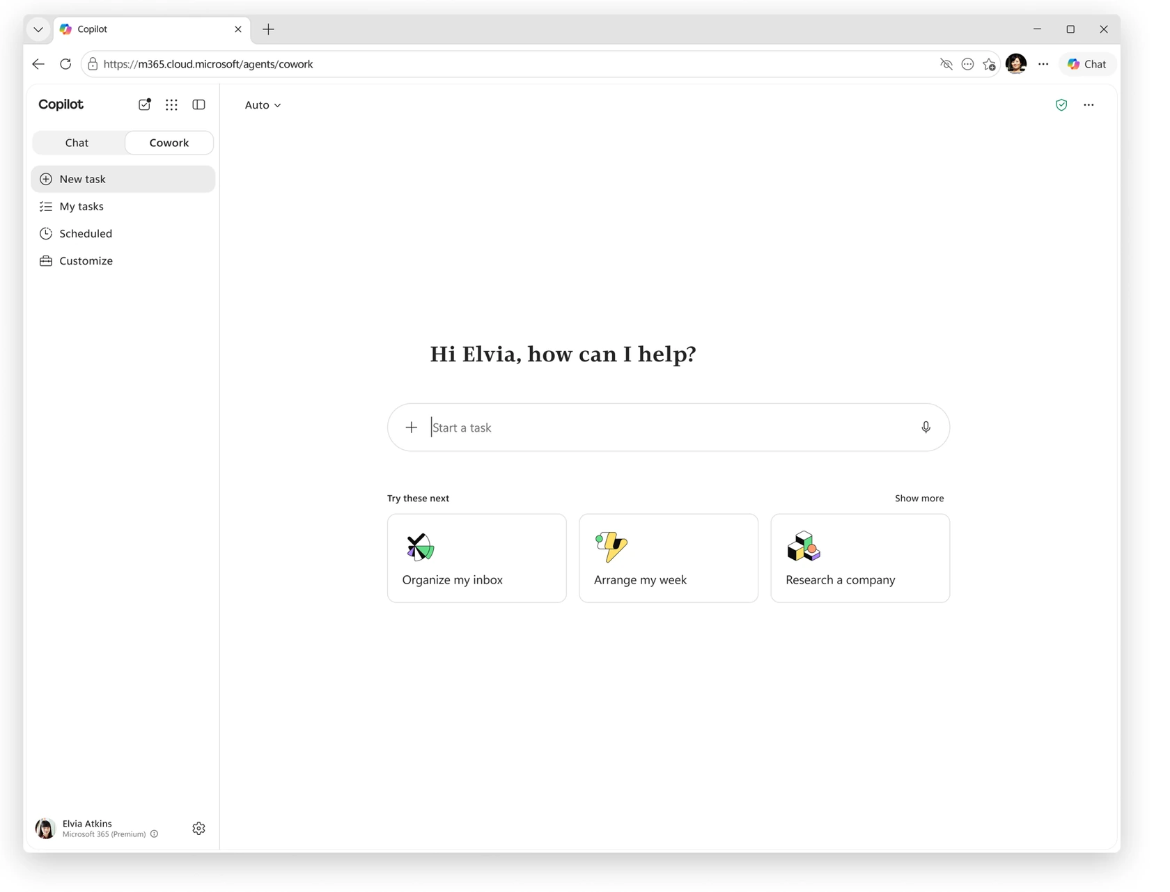 Copilot Cowork home screen in Microsoft 365 with task input and suggested actions